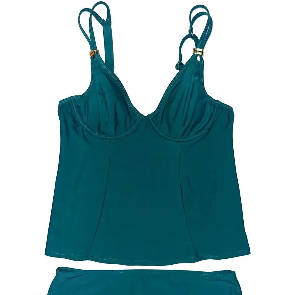 NWT Cupshe Green V-Neck Square Ring Two Piece Tankini Swimsuit Set Size M
